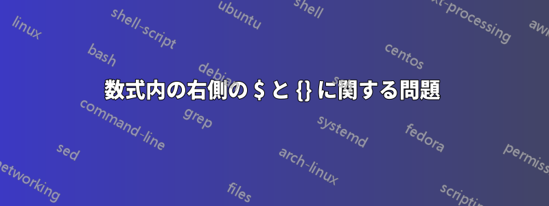 数式内の右側の $ と {} に関する問題