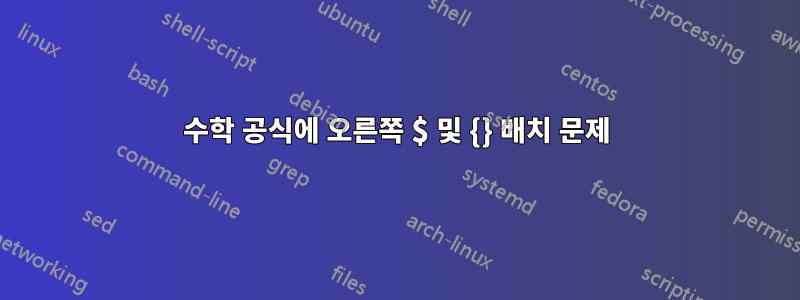 수학 공식에 오른쪽 $ 및 {} 배치 문제