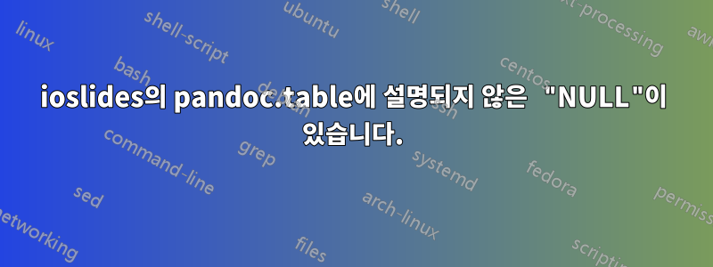 ioslides의 pandoc.table에 설명되지 않은 "NULL"이 있습니다.