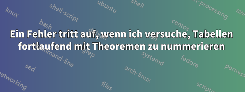 Ein Fehler tritt auf, wenn ich versuche, Tabellen fortlaufend mit Theoremen zu nummerieren