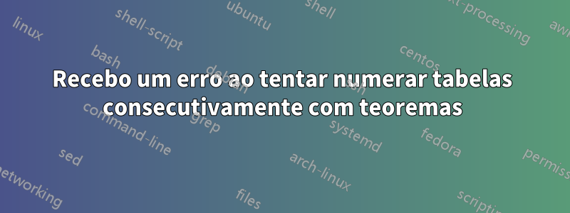 Recebo um erro ao tentar numerar tabelas consecutivamente com teoremas