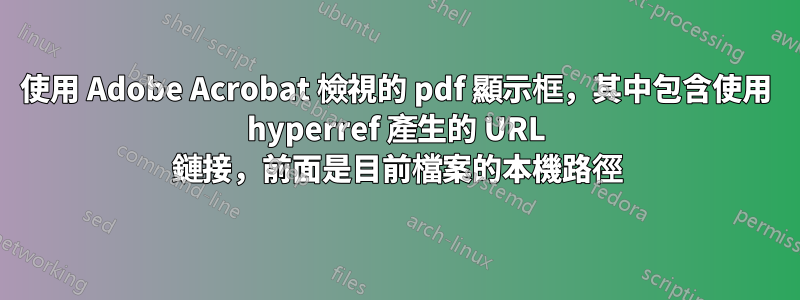 使用 Adob​​e Acrobat 檢視的 pdf 顯示框，其中包含使用 hyperref 產生的 URL 鏈接，前面是目前檔案的本機路徑