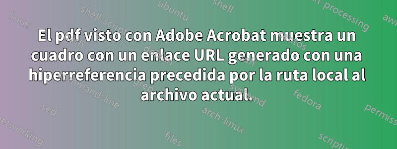 El pdf visto con Adobe Acrobat muestra un cuadro con un enlace URL generado con una hiperreferencia precedida por la ruta local al archivo actual.