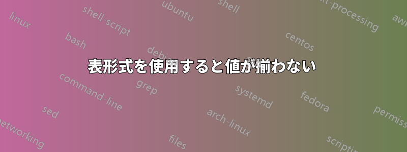 表形式を使用すると値が揃わない