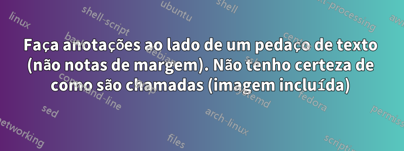 Faça anotações ao lado de um pedaço de texto (não notas de margem). Não tenho certeza de como são chamadas (imagem incluída)