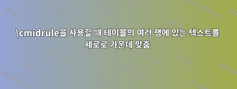 \cmidrule을 사용할 때 테이블의 여러 행에 있는 텍스트를 세로로 가운데 맞춤