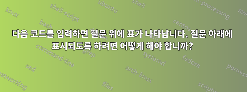 다음 코드를 입력하면 질문 위에 표가 나타납니다. 질문 아래에 표시되도록 하려면 어떻게 해야 합니까?
