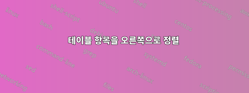테이블 항목을 오른쪽으로 정렬
