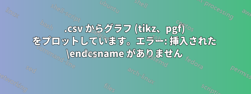 .csv からグラフ (tikz、pgf) をプロットしています。エラー: 挿入された \endcsname がありません