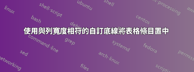 使用與列寬度相符的自訂底線將表格條目置中