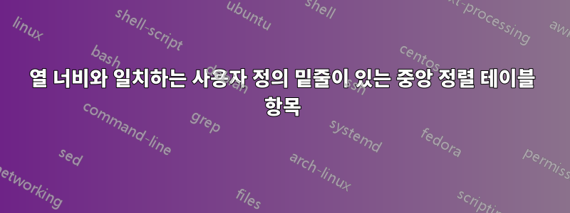 열 너비와 일치하는 사용자 정의 밑줄이 있는 중앙 정렬 테이블 항목