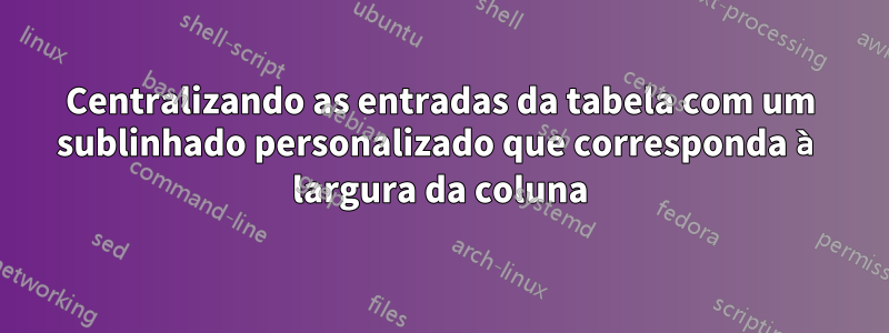 Centralizando as entradas da tabela com um sublinhado personalizado que corresponda à largura da coluna