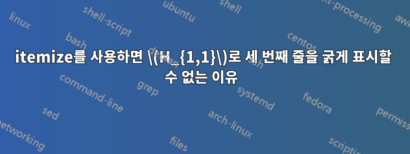 itemize를 사용하면 \(H_{1,1}\)로 세 번째 줄을 굵게 표시할 수 없는 이유 
