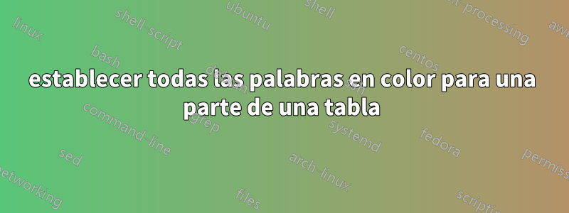 establecer todas las palabras en color para una parte de una tabla