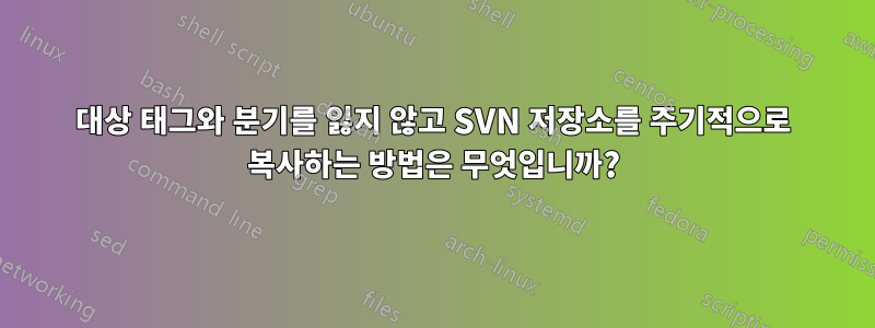 대상 태그와 분기를 잃지 않고 SVN 저장소를 주기적으로 복사하는 방법은 무엇입니까?