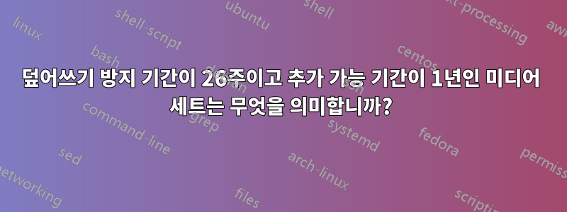 덮어쓰기 방지 기간이 26주이고 추가 가능 기간이 1년인 미디어 세트는 무엇을 의미합니까?