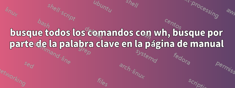 busque todos los comandos con wh, busque por parte de la palabra clave en la página de manual