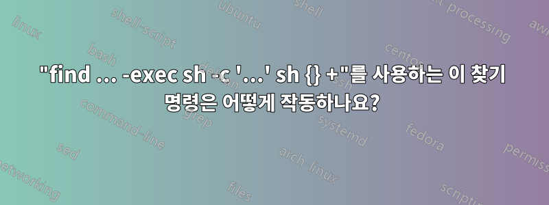 "find ... -exec sh -c '...' sh {} +"를 사용하는 이 찾기 명령은 어떻게 작동하나요?