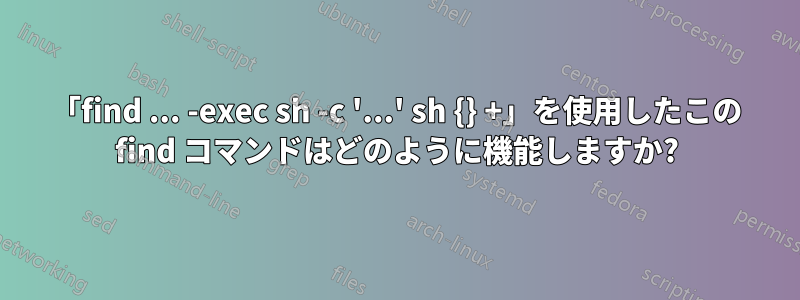 「find ... -exec sh -c '...' sh {} +」を使用したこの find コマンドはどのように機能しますか?