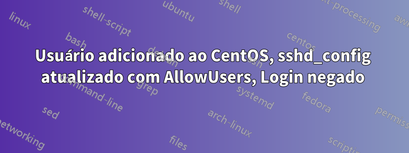 Usuário adicionado ao CentOS, sshd_config atualizado com AllowUsers, Login negado