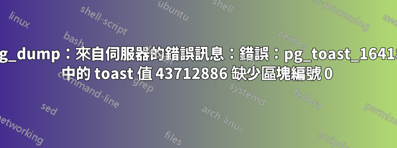 pg_dump：來自伺服器的錯誤訊息：錯誤：pg_toast_16418 中的 toast 值 43712886 缺少區塊編號 0