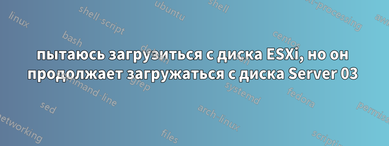пытаюсь загрузиться с диска ESXi, но он продолжает загружаться с диска Server 03