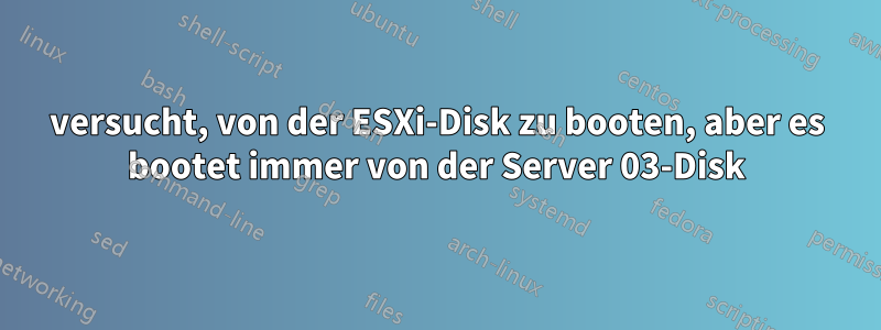 versucht, von der ESXi-Disk zu booten, aber es bootet immer von der Server 03-Disk