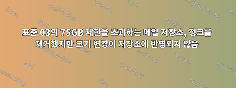 표준 03의 75GB 제한을 초과하는 메일 저장소, 정크를 제거했지만 크기 변경이 저장소에 반영되지 않음