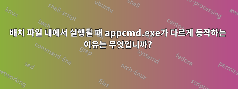 배치 파일 내에서 실행될 때 appcmd.exe가 다르게 동작하는 이유는 무엇입니까?