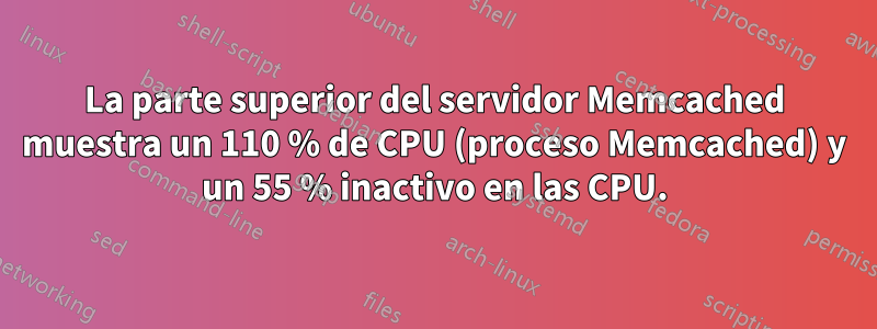 La parte superior del servidor Memcached muestra un 110 % de CPU (proceso Memcached) y un 55 % inactivo en las CPU.