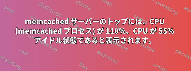 memcached サーバーのトップには、CPU (memcached プロセス) が 110%、CPU が 55% アイドル状態であると表示されます。