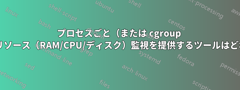 プロセスごと（または cgroup ごと）のリソース（RAM/CPU/ディスク）監視を提供するツールはどれですか?