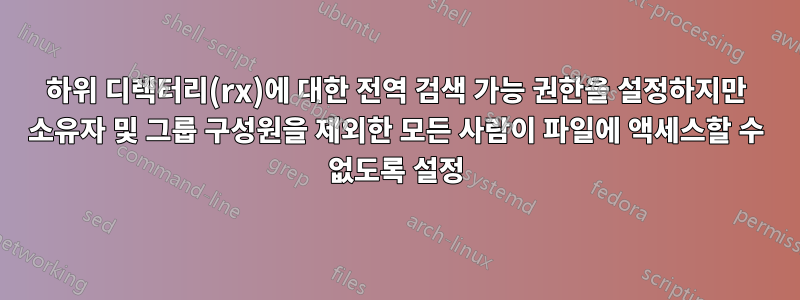 하위 디렉터리(rx)에 대한 전역 검색 가능 권한을 설정하지만 소유자 및 그룹 구성원을 제외한 모든 사람이 파일에 액세스할 수 없도록 설정