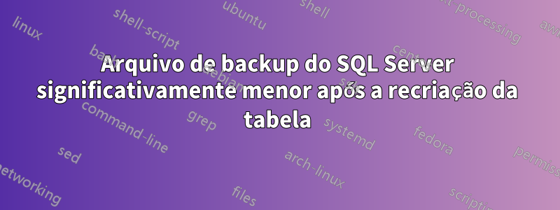 Arquivo de backup do SQL Server significativamente menor após a recriação da tabela