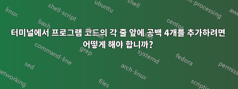 터미널에서 프로그램 코드의 각 줄 앞에 공백 4개를 추가하려면 어떻게 해야 합니까?