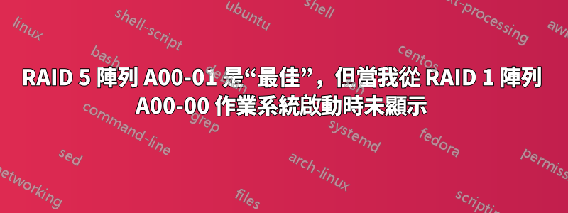 RAID 5 陣列 A00-01 是“最佳”，但當我從 RAID 1 陣列 A00-00 作業系統啟動時未顯示