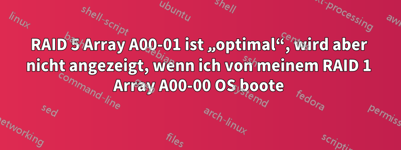 RAID 5 Array A00-01 ist „optimal“, wird aber nicht angezeigt, wenn ich von meinem RAID 1 Array A00-00 OS boote