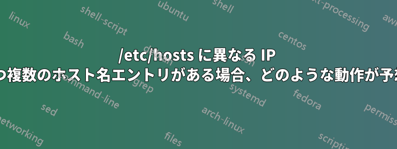 /etc/hosts に異なる IP アドレスを持つ複数のホスト名エントリがある場合、どのような動作が予想されますか?