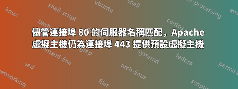 儘管連接埠 80 的伺服器名稱匹配，Apache 虛擬主機仍為連接埠 443 提供預設虛擬主機