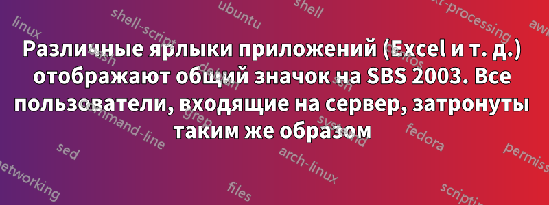 Различные ярлыки приложений (Excel и т. д.) отображают общий значок на SBS 2003. Все пользователи, входящие на сервер, затронуты таким же образом