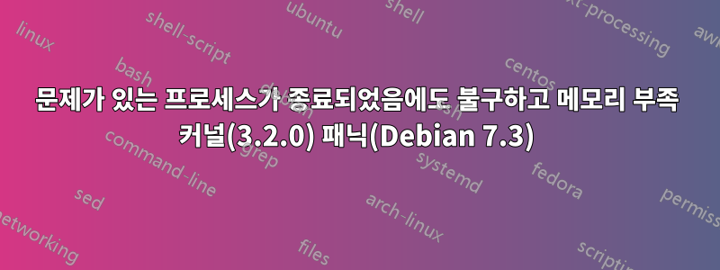 문제가 있는 프로세스가 종료되었음에도 불구하고 메모리 부족 커널(3.2.0) 패닉(Debian 7.3)