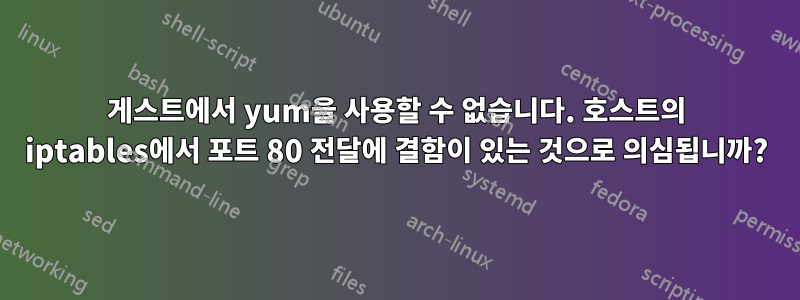 게스트에서 yum을 사용할 수 없습니다. 호스트의 iptables에서 포트 80 전달에 결함이 있는 것으로 의심됩니까?