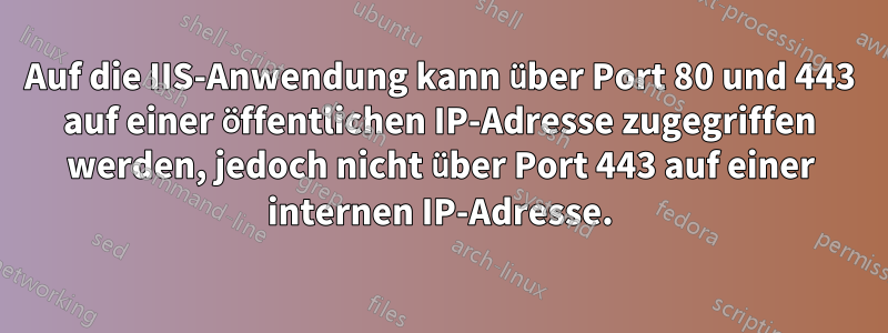 Auf die IIS-Anwendung kann über Port 80 und 443 auf einer öffentlichen IP-Adresse zugegriffen werden, jedoch nicht über Port 443 auf einer internen IP-Adresse.