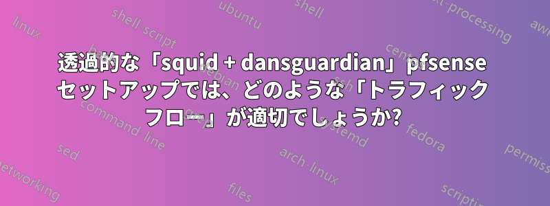 透過的な「squid + dansguardian」pfsense セットアップでは、どのような「トラフィック フロー」が適切でしょうか?