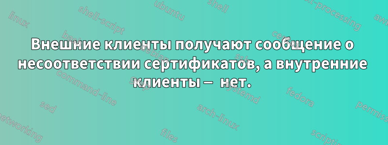 Внешние клиенты получают сообщение о несоответствии сертификатов, а внутренние клиенты — нет.