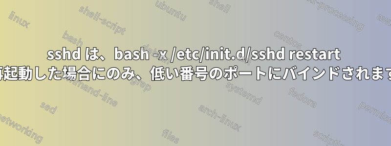 sshd は、bash -x /etc/init.d/sshd restart で再起動した場合にのみ、低い番号のポートにバインドされます。