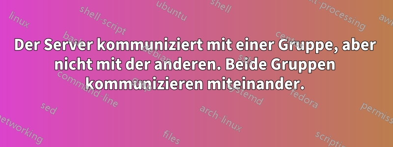 Der Server kommuniziert mit einer Gruppe, aber nicht mit der anderen. Beide Gruppen kommunizieren miteinander.