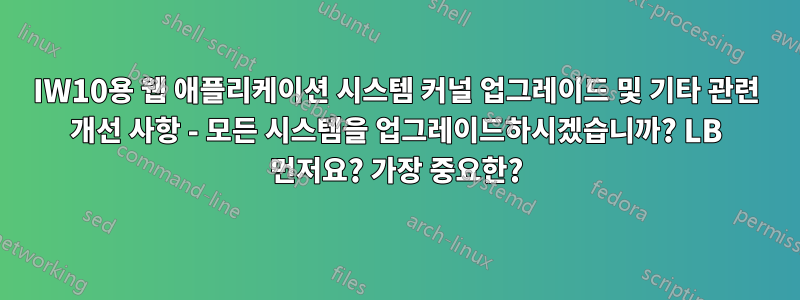 IW10용 웹 애플리케이션 시스템 커널 업그레이드 및 기타 관련 개선 사항 - 모든 시스템을 업그레이드하시겠습니까? LB 먼저요? 가장 중요한?