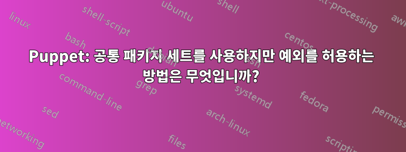 Puppet: 공통 패키지 세트를 사용하지만 예외를 허용하는 방법은 무엇입니까?