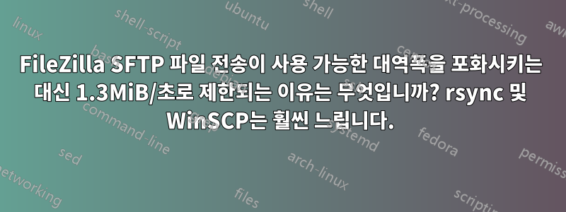 FileZilla SFTP 파일 전송이 사용 가능한 대역폭을 포화시키는 대신 1.3MiB/초로 제한되는 이유는 무엇입니까? rsync 및 WinSCP는 훨씬 느립니다.